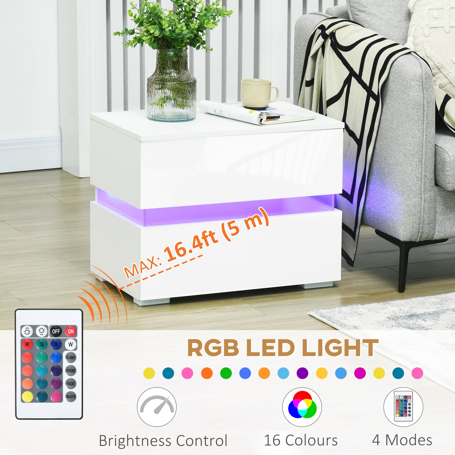 Modern Nightstand, Bedside Table with 2 High Gloss Drawers, USB Powered RGB LED Lights, Remote , white