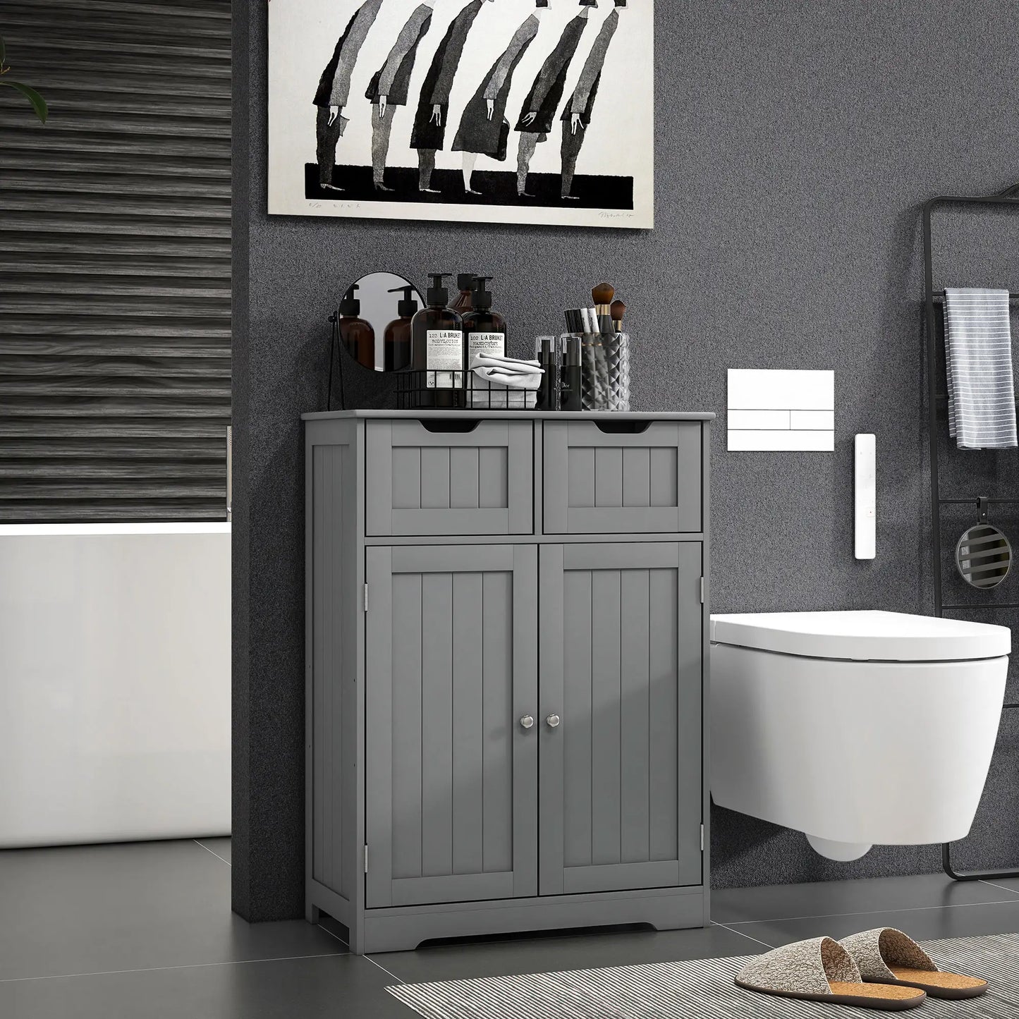 Entryway or  Bathroom Storage Cabinet with 2 Drawers, Adjustable Shelf in Grey