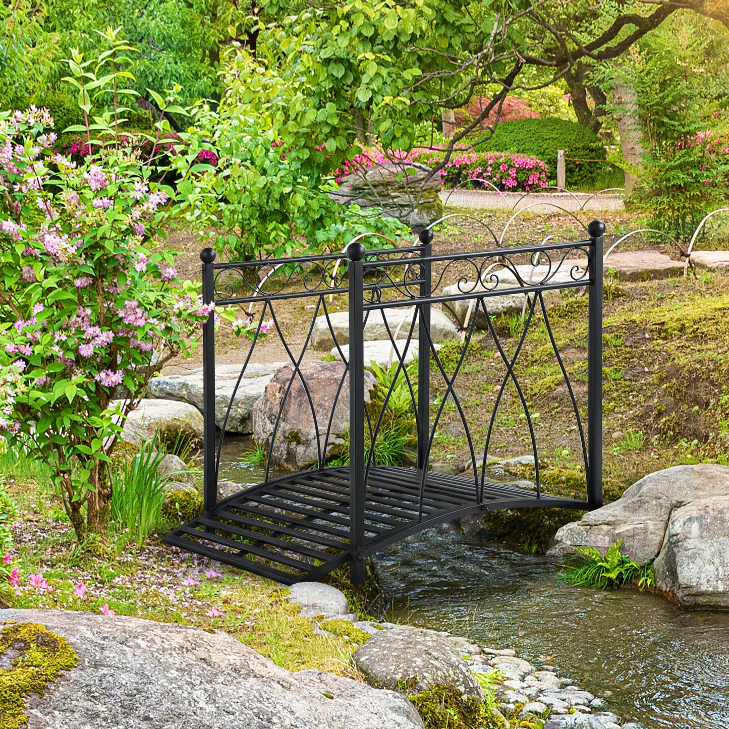 3.3FT Classic Garden Bridge with Safety Railings Arc Footbridge Decorative Pond Bridge for Backyard Creek Stream, Black