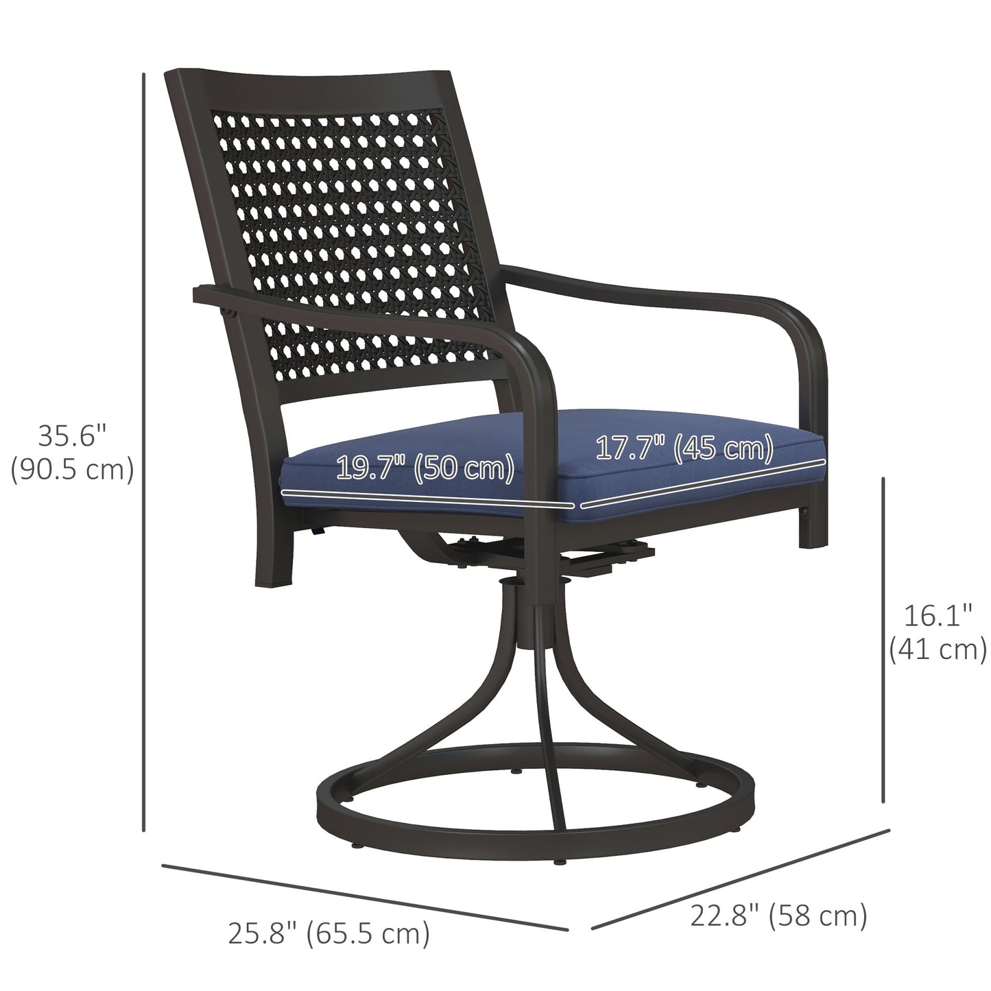 Outsunny 2 Pieces Patio Swivel Chairs with Cushion, Outdoor Swivel Rocker with Curved Armrests, Backrest, for Garden, Balcony, Porch, Supports Up to 264 lbs, Navy Blue