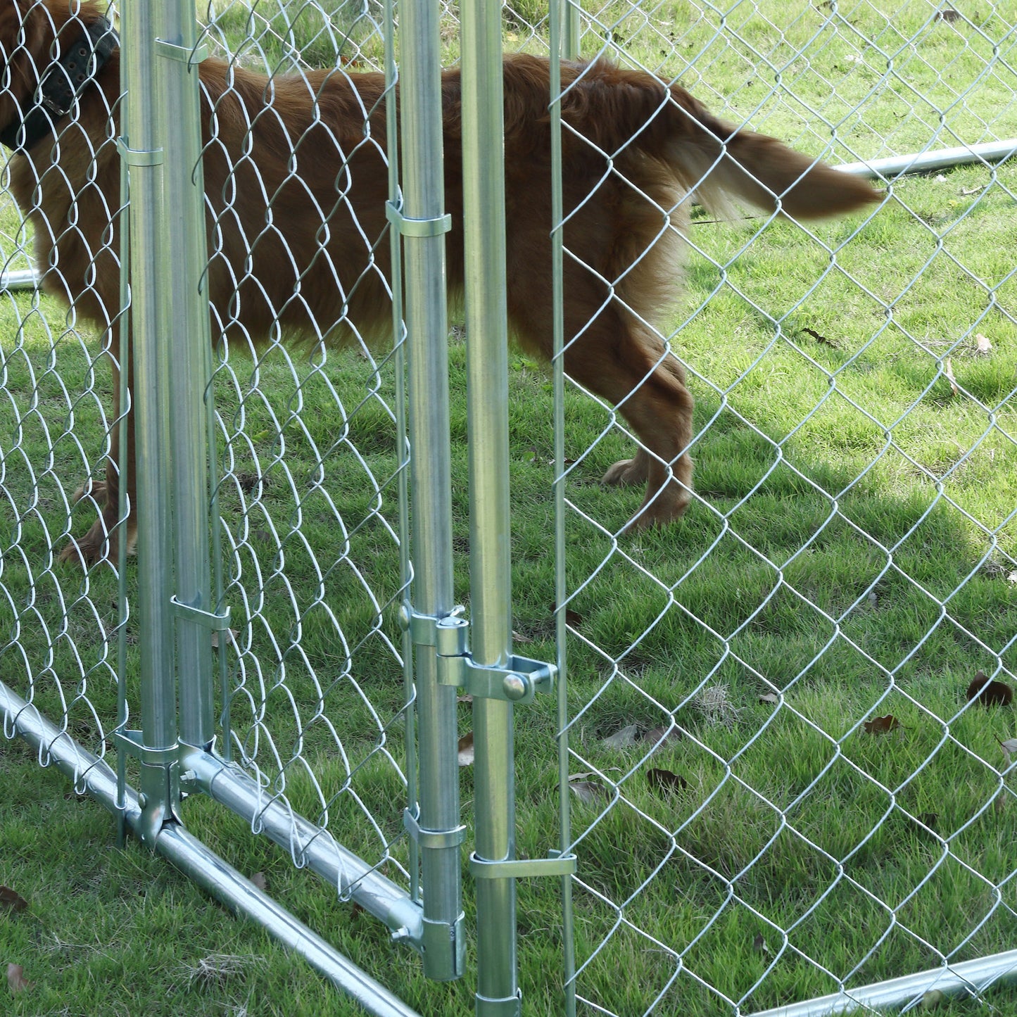 Dog Kennel Outdoor Run Fence with Roof, Steel Lock, Mesh Sidewalls for Backyard & Patio, 9.8' x 9.8' x 7.7'