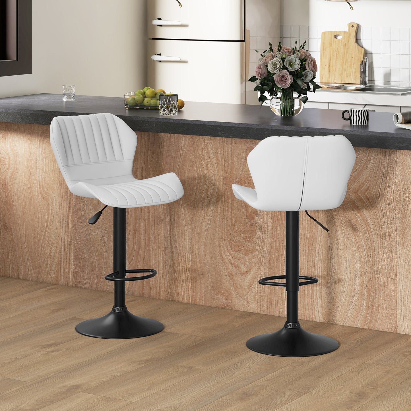 Shell Back Bar Stool Set of 2, PU Leather Adjustable Swivel Barstools with Chrome Base and Footrest for Kitchen Counter, Pub, White