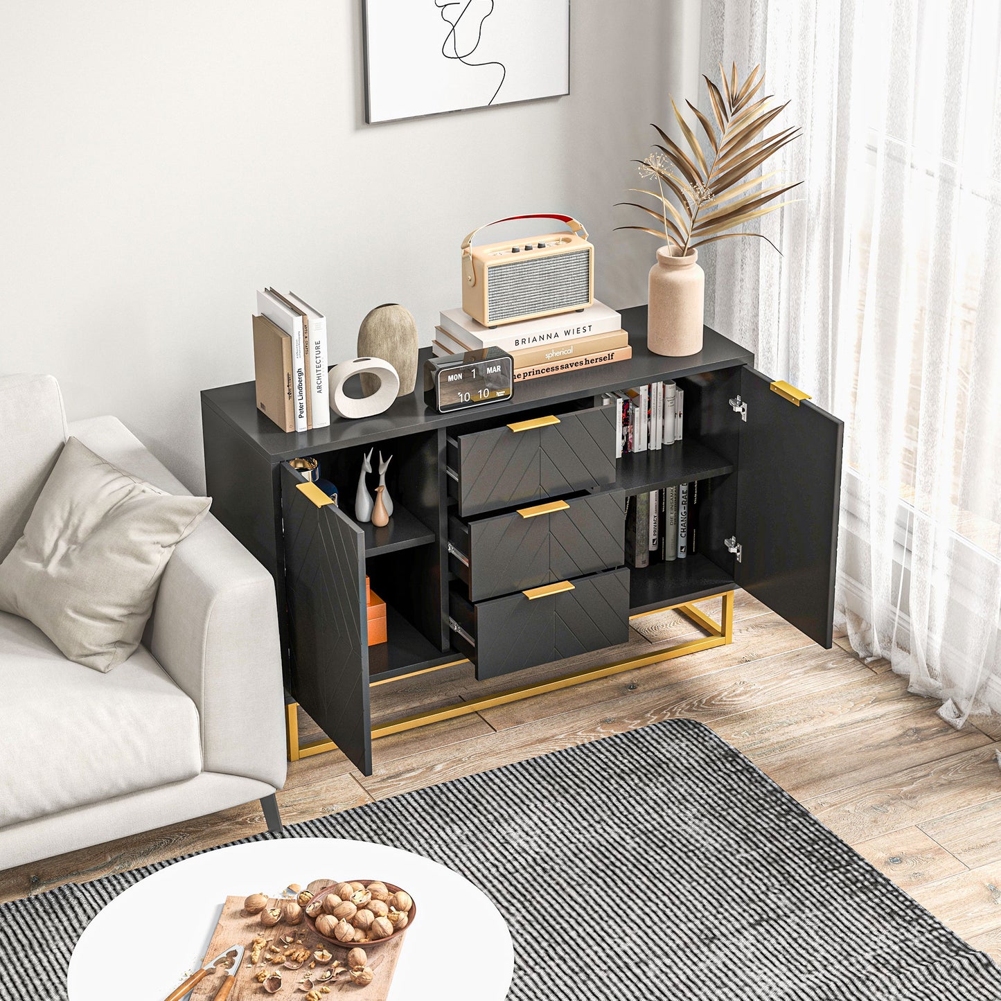 Sideboard Storage Cabinet with 3 Drawers, Adjustable Shelves and Doors, In Black