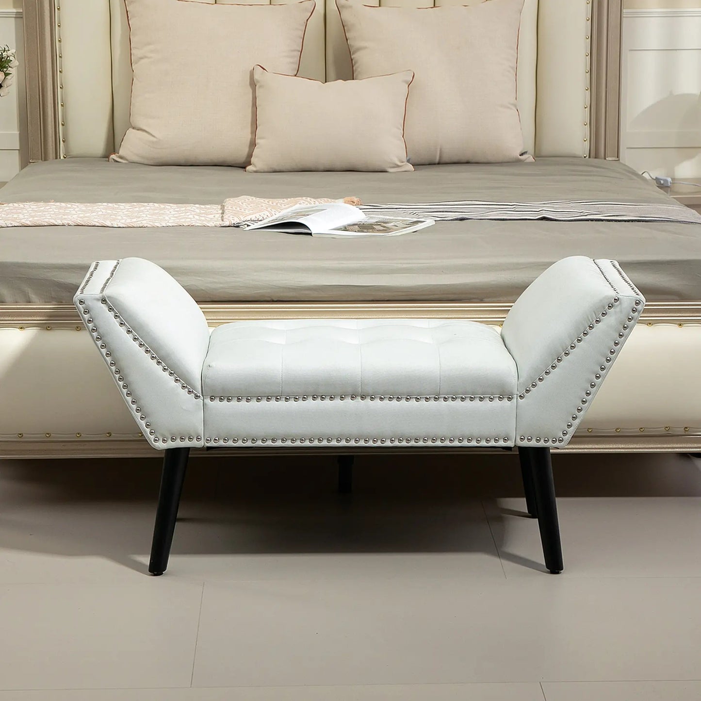 Modern Upholstered Bench with Arms and Nailhead Trim in white