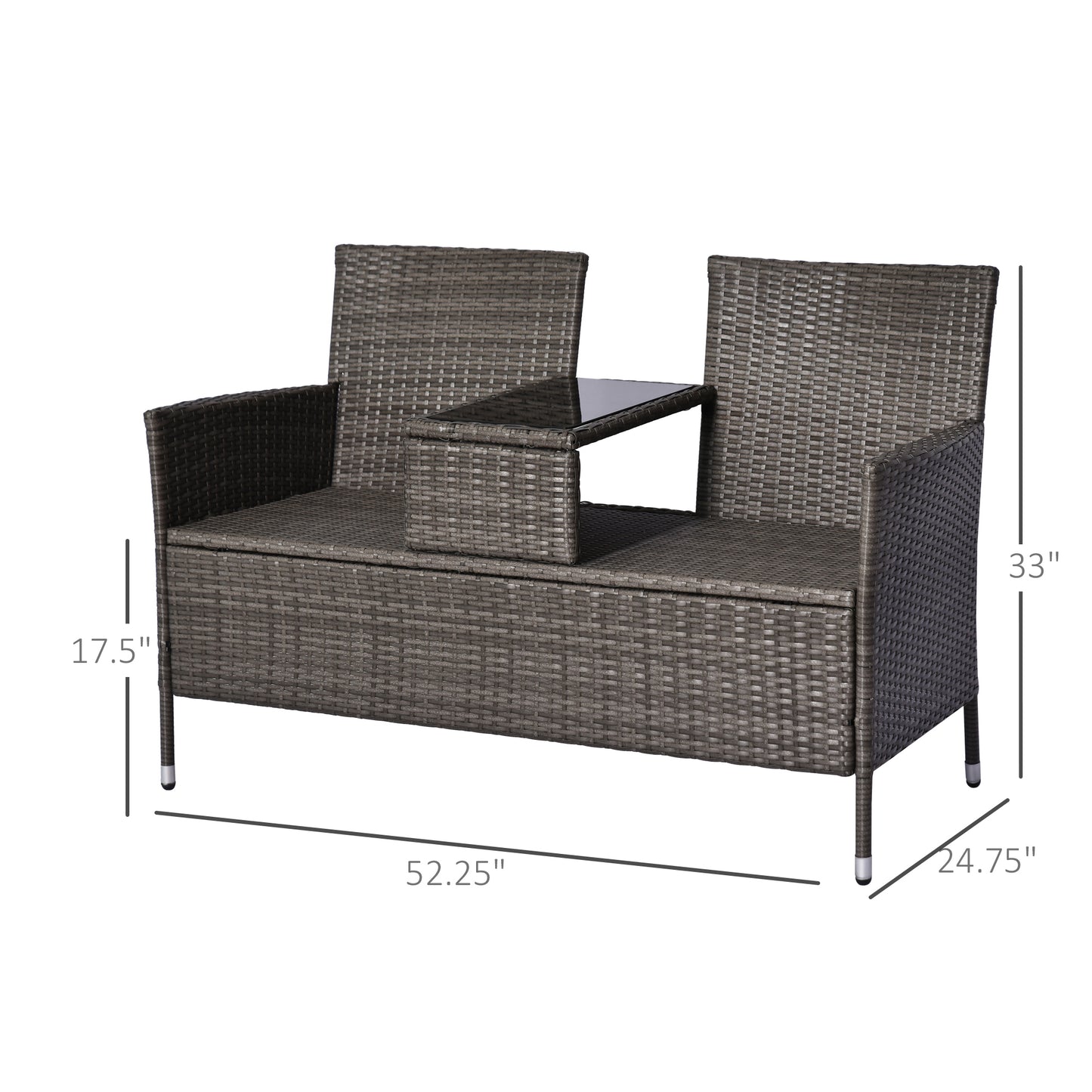 2 Seat Rattan Wicker Chair with Cushion Garden Bench with Tea Table Backyard All Weather Padded Seat Grey