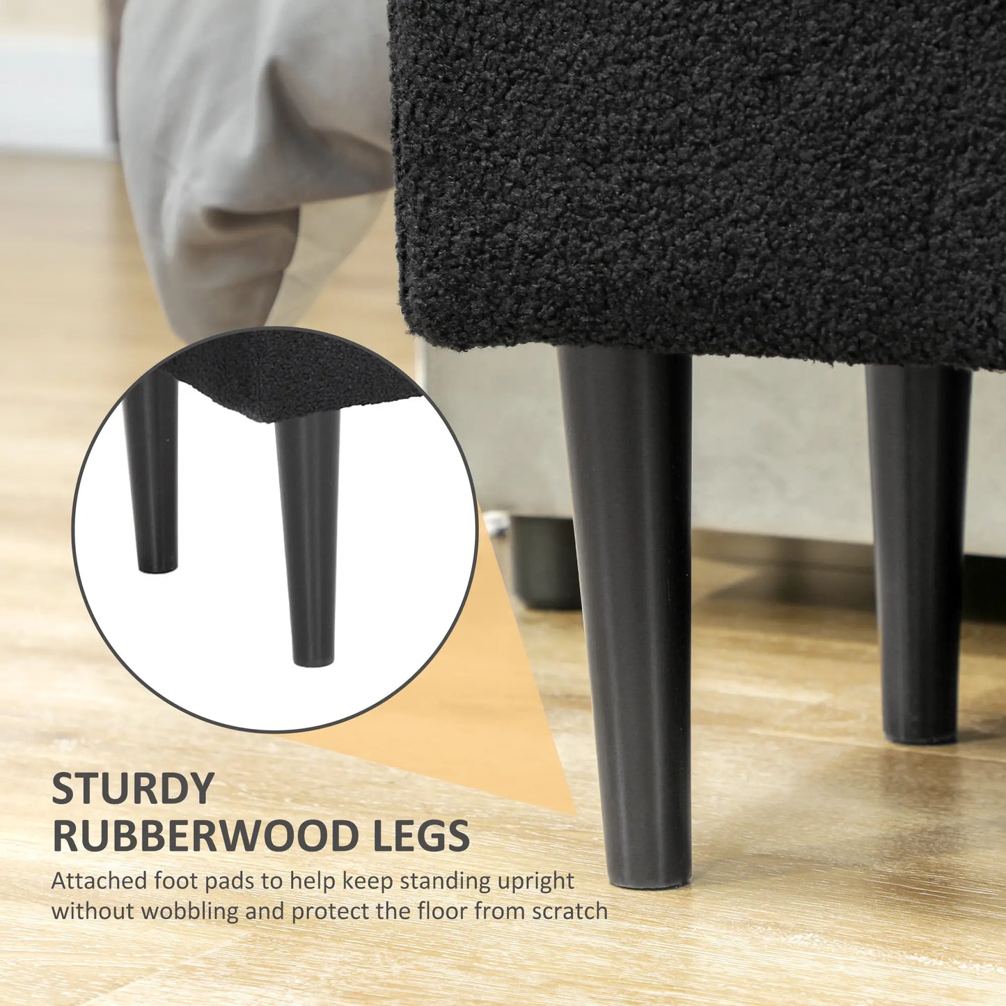 Modern Storage Bench, Lamb's Wool Upholstery for Living Room, Bedroom, Black