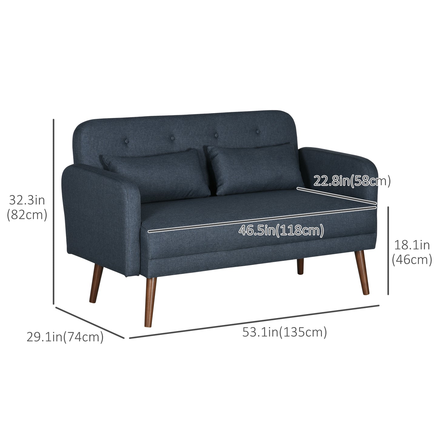 53"  Modern Love Seats , Upholstered 2 Seater Couch with Throw Cushions, Solid Wood Frame, Blue