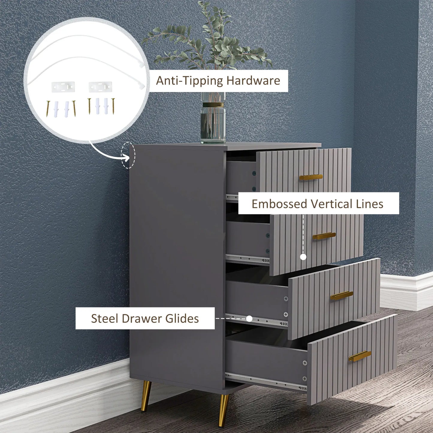 4 Drawer Dresser with Aluminium Legs and Gold Handles, in Dark Grey