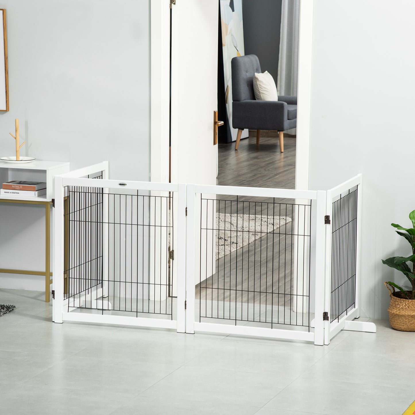 Wooden Dog Gate Foldable Pet Fence for Small & Medium Dogs 4 Panel with Support Feet Freestanding Safety Barrier for House Doorway Stairs White