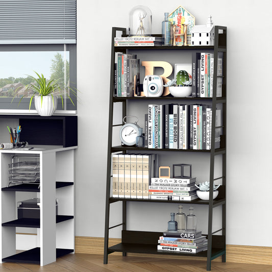 Modern Bookshelf Storage with 5-Tier Wide Shelving, Metal Frame, Wooden Bookcase for Living Room Library Home Furniture, Black