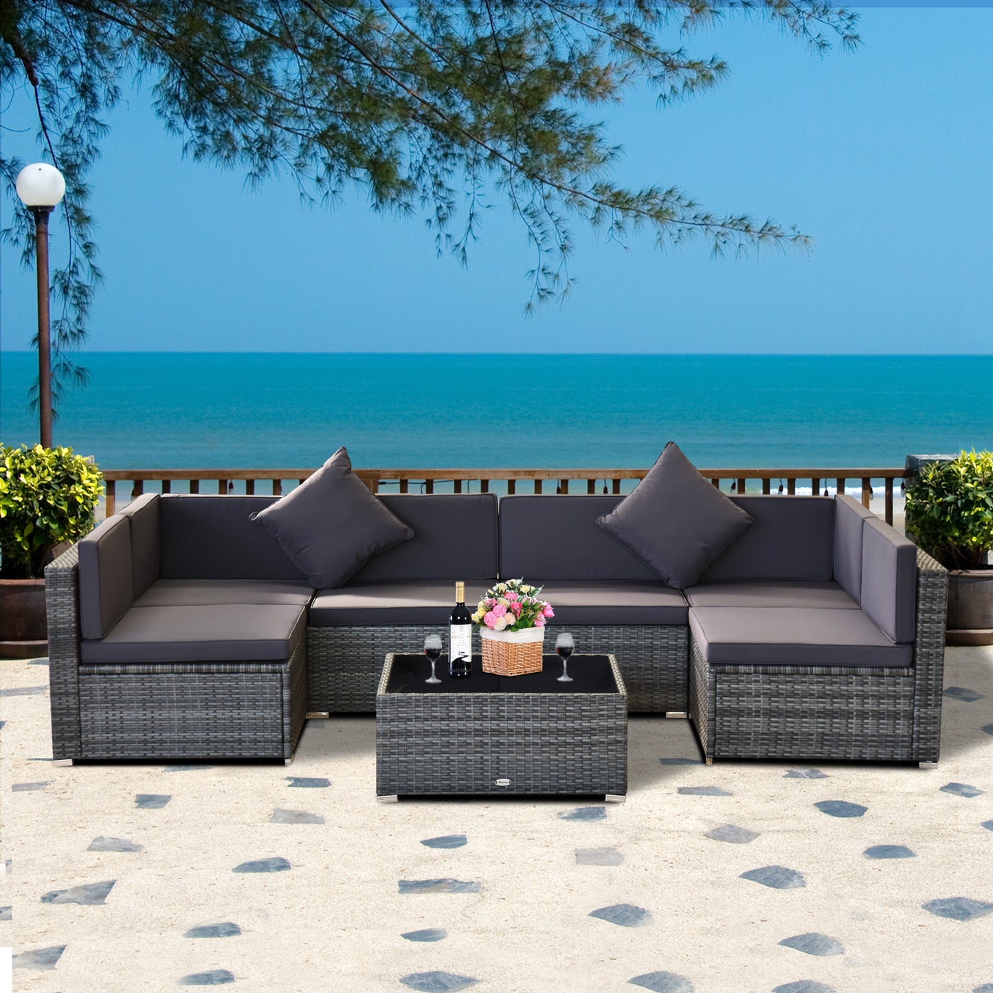 7pc Garden Wicker Sectional Set w/ Tea Table Patio Rattan Lounge Sofa with Cushion, Dark Grey