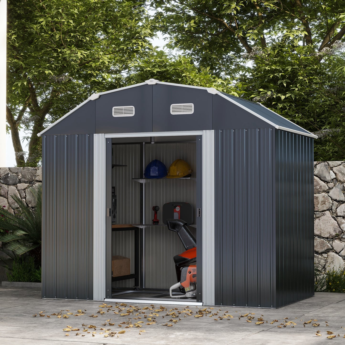 Outsunny 8' x 4' Galvanized Outdoor Storage Shed, Garden Shed with Adjustable Shelves, Double Sliding Doors and Vents