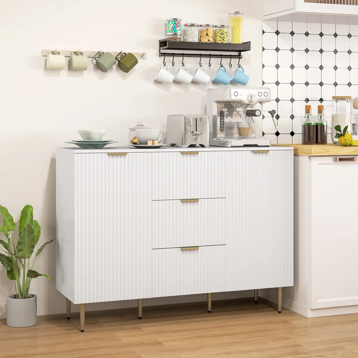 Sideboard Buffet Cabinet w/ 3 Drawers and Adjustable Shelves for Kitchen Hallway, White