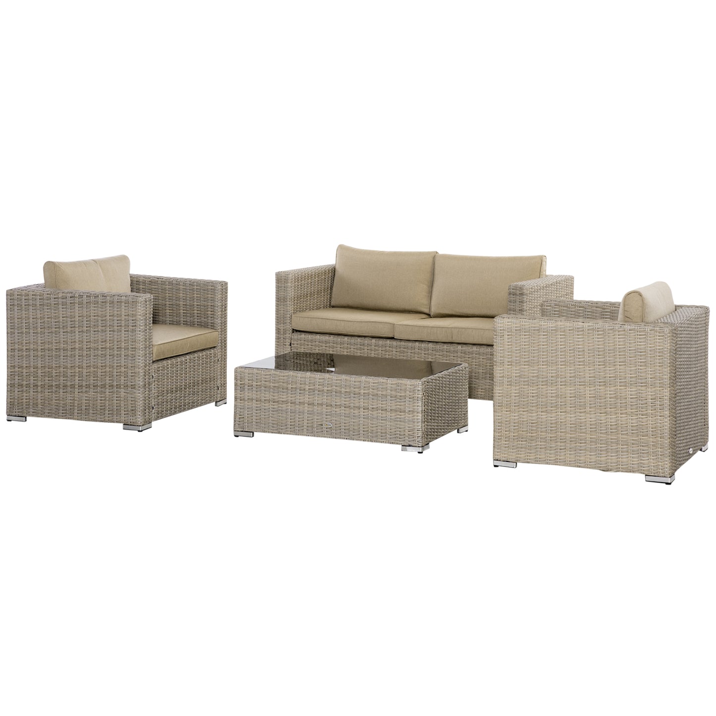 4 Pieces Patio Wicker Furniture Set, Outdoor PE Rattan Sofa Set, Sectional Conversation All Weather Resistant Sofa Furniture, w/ Extra Wide Seat, Cushion & Glass Top Table, Beige