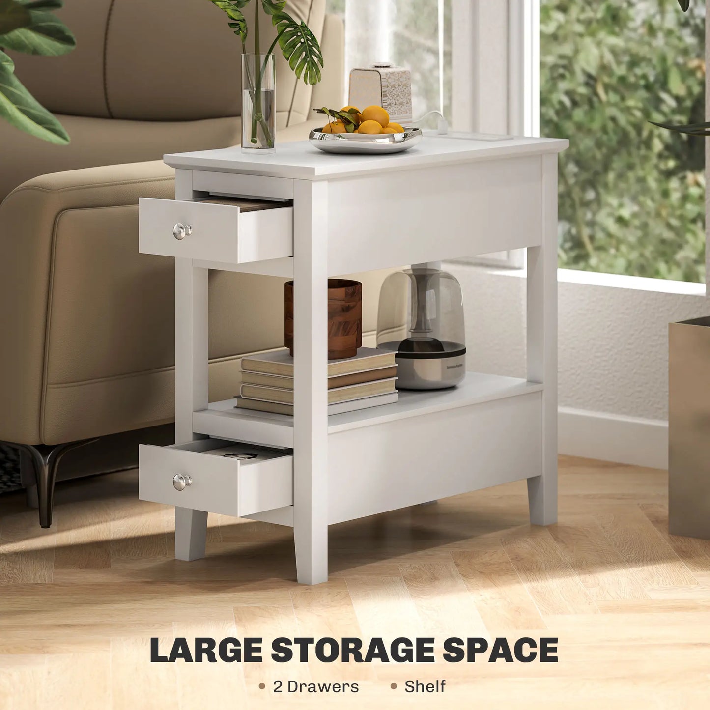 Narrow Side Table with Charging Station, USB Ports, Modern End Table with Storage Shelf, Drawers for Living Room, White