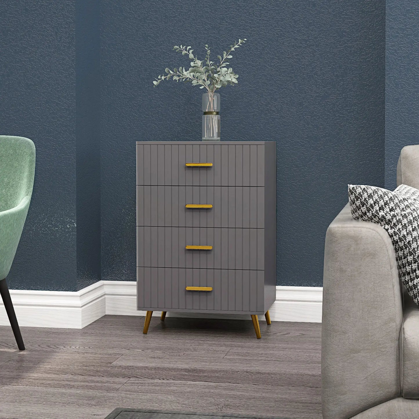 4 Drawer Dresser with Aluminium Legs and Gold Handles, in Dark Grey