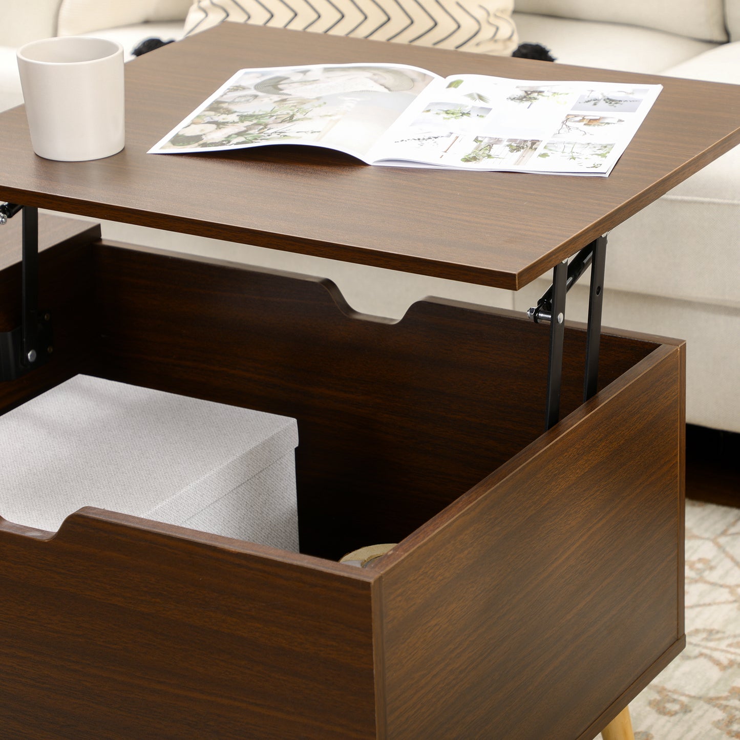 Coffee Table with Wood Legs, Lift Top Coffee Table with Drawer, Hidden Compartment, 38.6" x 21.3" x 18.9", Brown