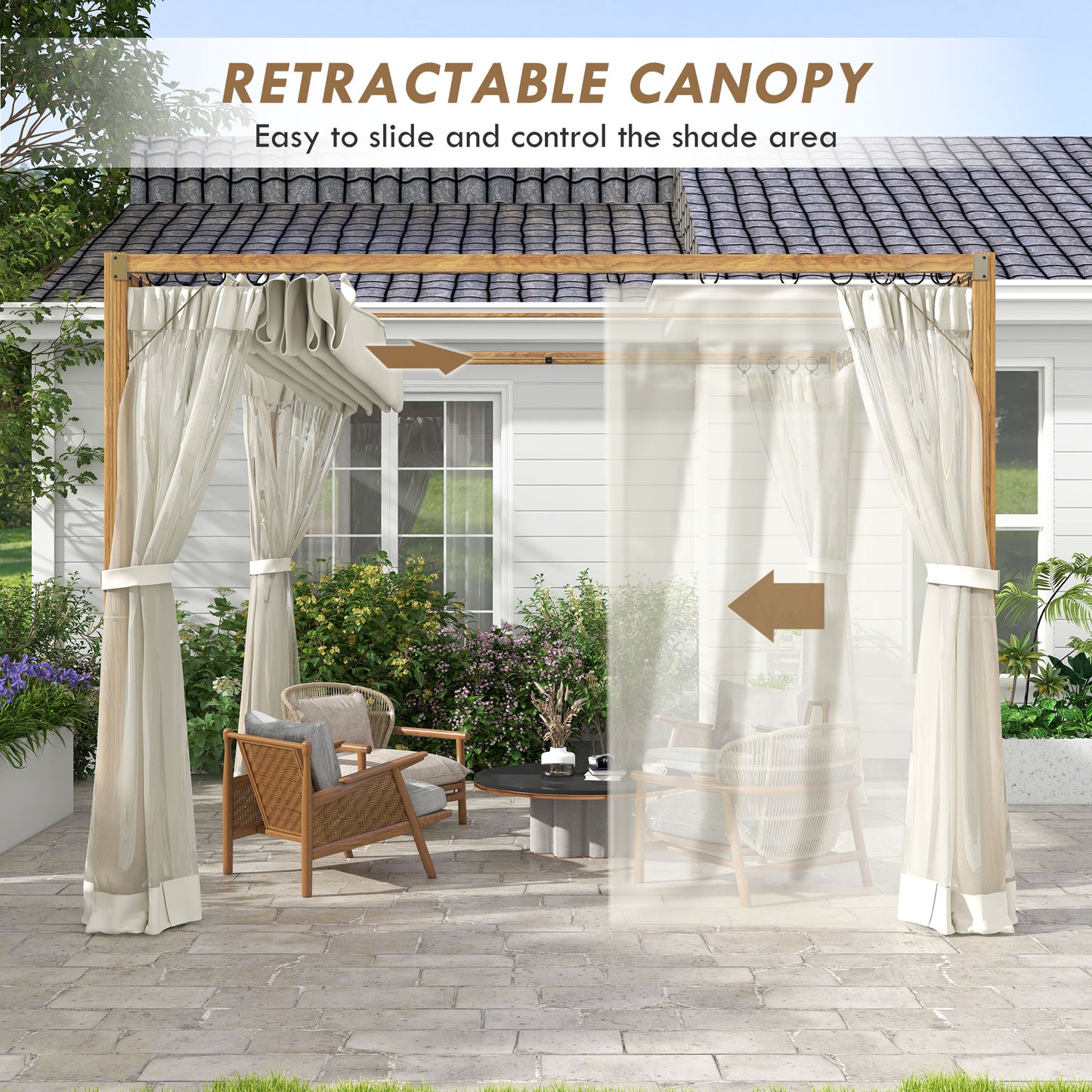 10 x 10 ft Retractable Pergola, Garden Gazebo Shelter with Nettings, for Grill, Patio, Deck, Natural