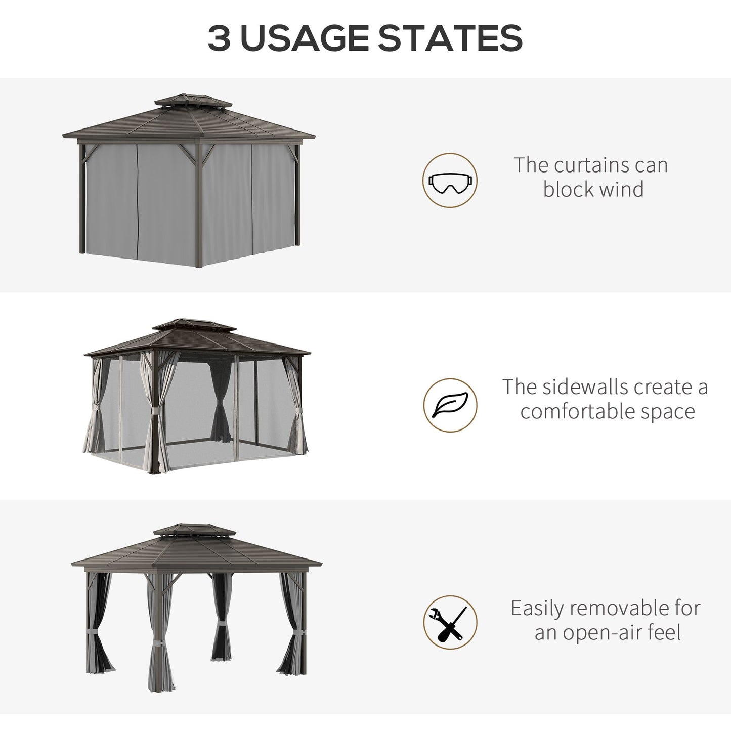 10'x12' Hardtop Aluminum Gazebo Garden Sun Shelter with Mosquito Netting and Curtains Hanging Hook, Black