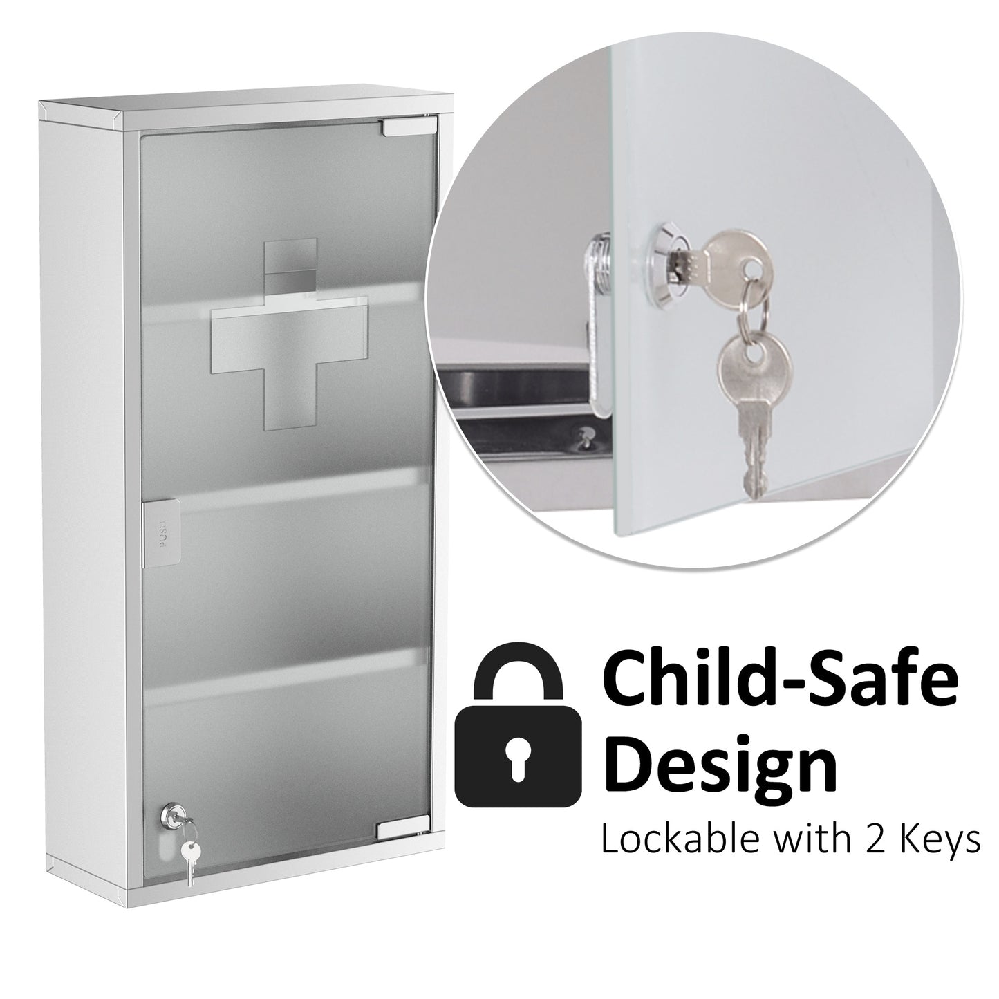 Stainless Steel Medicine Cabinet 4 Tier Frosted Door Lockable w/ 2 Keys Wall Mount First Aid Unit Home Safety Box