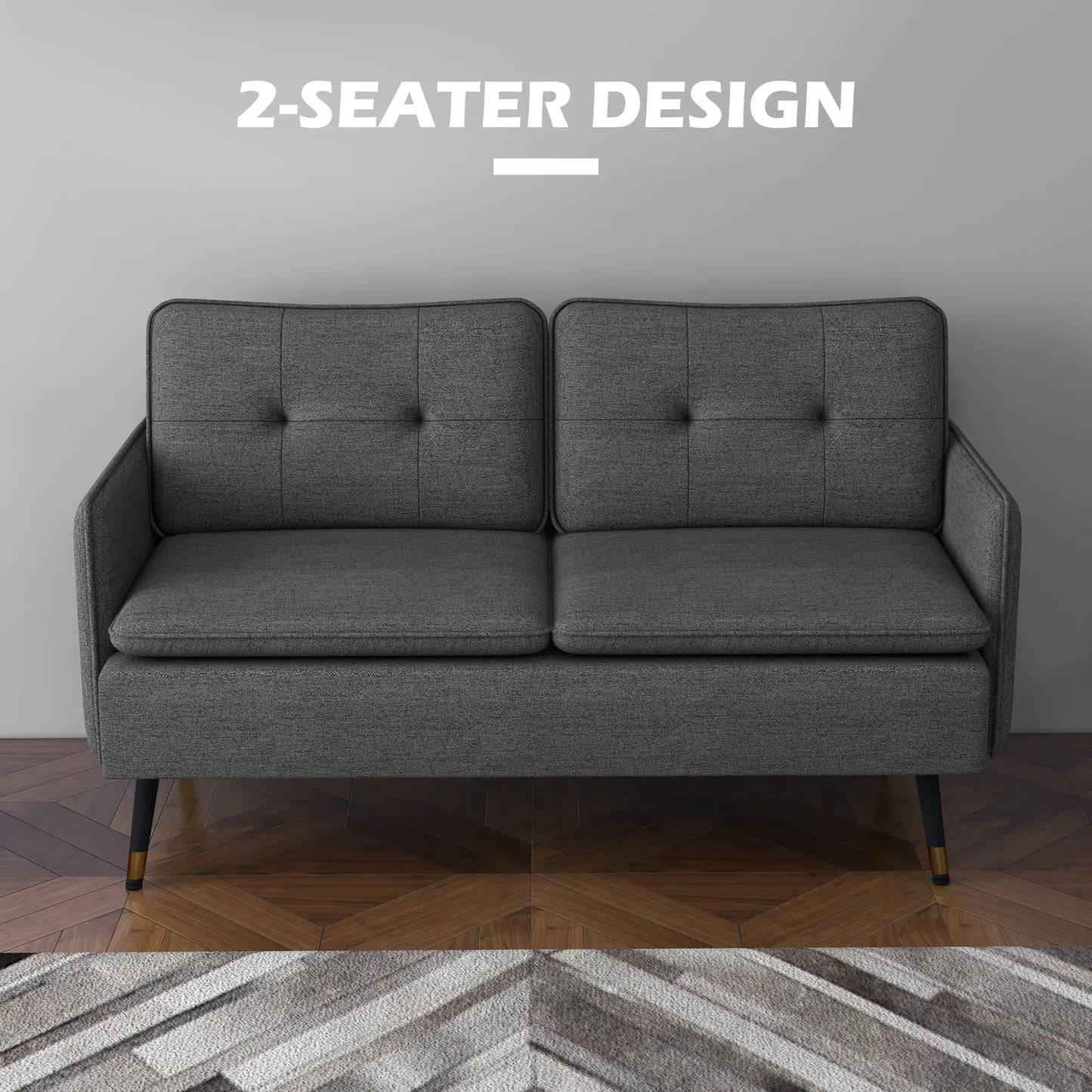 Modern 55" Loveseat, Fabric Love Seat Sofa with Button Tufted Back, with Steel Legs in Dark Grey