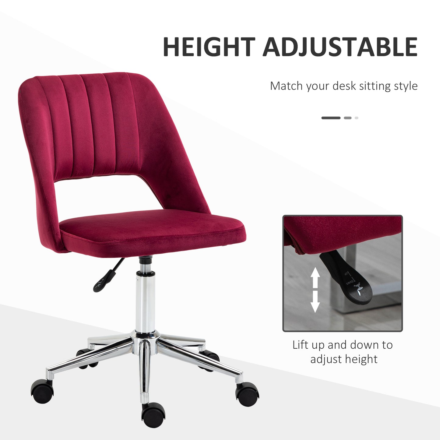 Mid Back Office Chair Velvet Fabric Swivel Scallop Shape Computer Desk Chair, Red