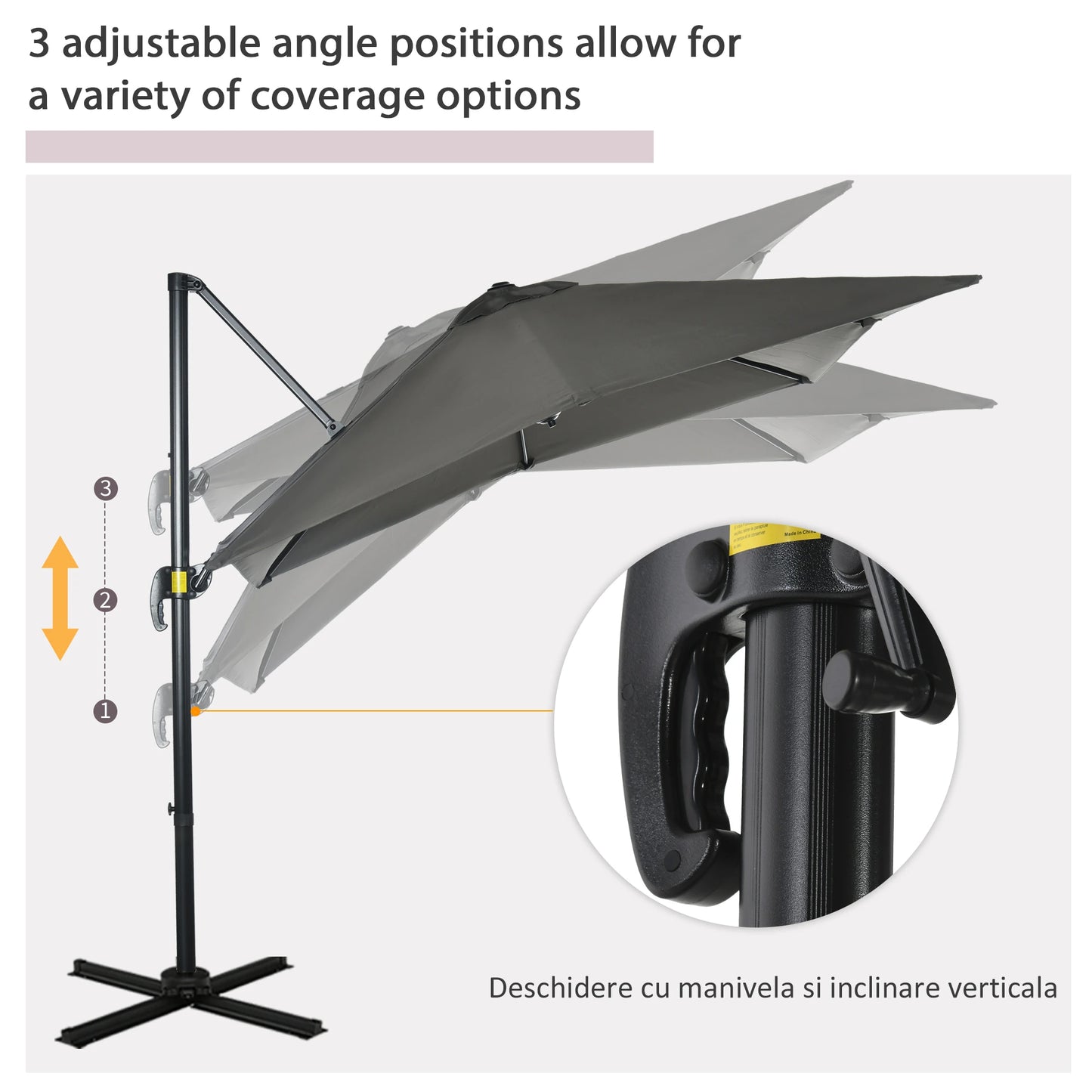 8' x 8' Square Patio Hanging Offset Umbrella with 360° Rotation, Aluminum, Crank & Tilt, with Cross Base, Grey