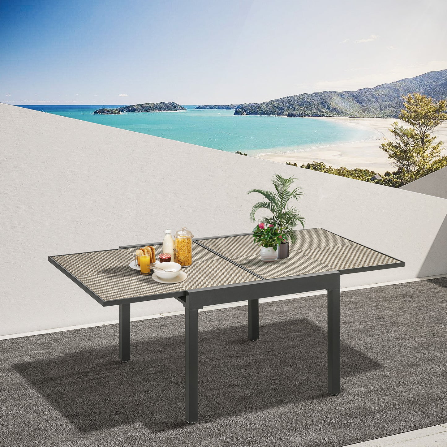 Extendable Rattan Dining Table, Patio Retractable Table, Aluminum Frame, 90/180 x 90 cm, Mixed Brown