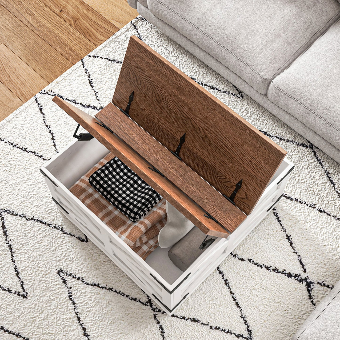 Farmhouse Coffee Table, Square Center Table with Flip-top Lids, Hidden Storage Compartment, White