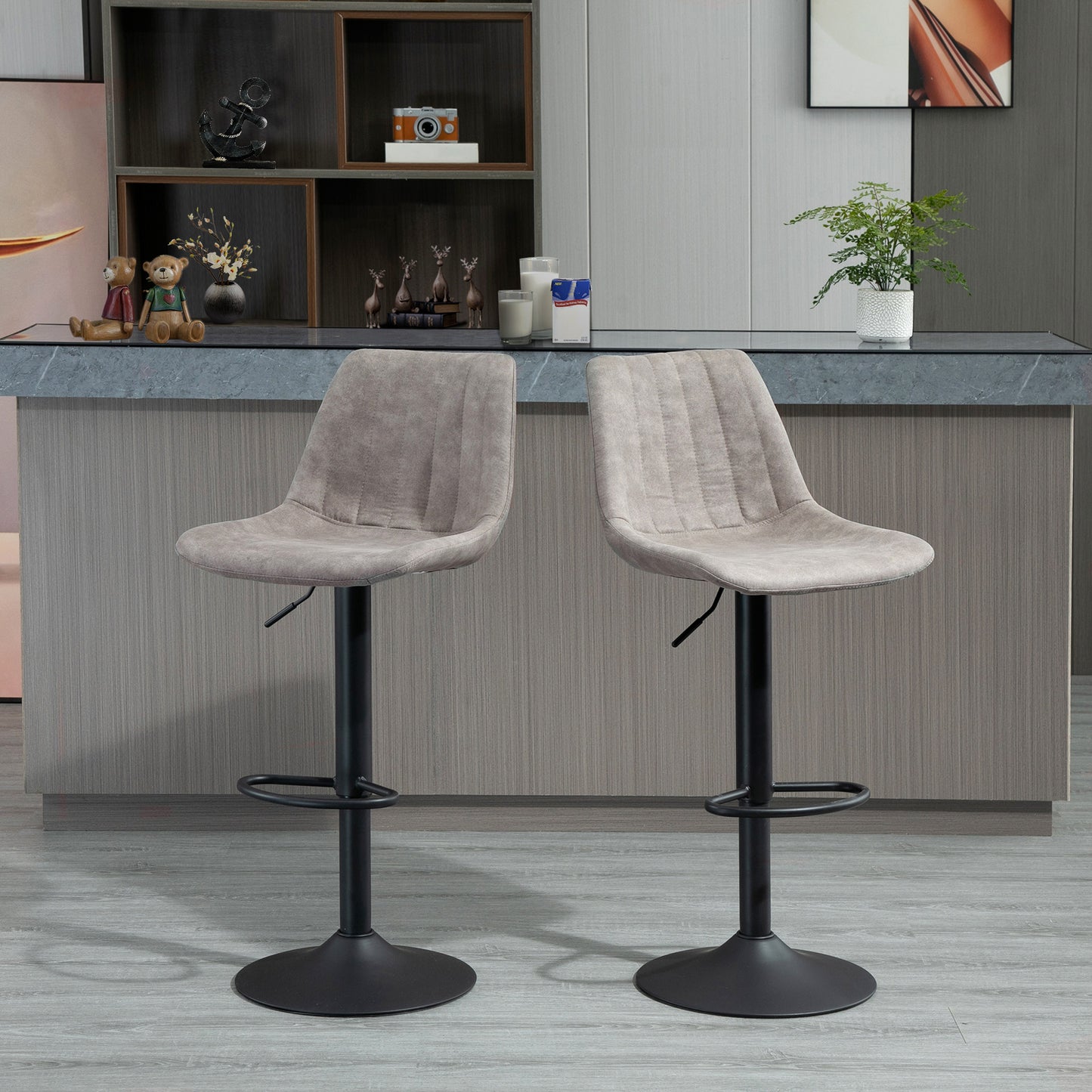 Adjustable Bar Stools Set of 2, Microfiber Swivel Barstools with Back and Footrest, Upholstered Bar Chairs for Kitchen, Dining Room, Home Pub, Grey