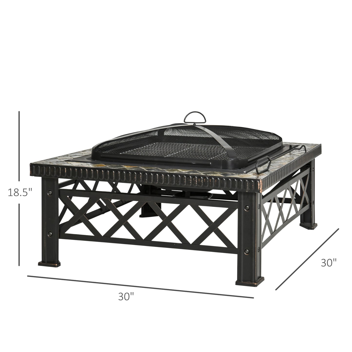 Outsunny 30" Outdoor Steel Square Firepit Square Stove with Spark Screen Cover, Log Grate, Poker, Grill Net for Patio