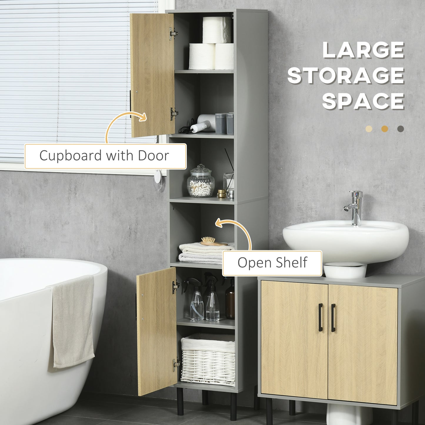 kleankin Tall Bathroom Storage, Linen Tower, Bathroom Cabinet with Doors, Shelves for Living Room Kitchen, 12.4"x11.8"x65"