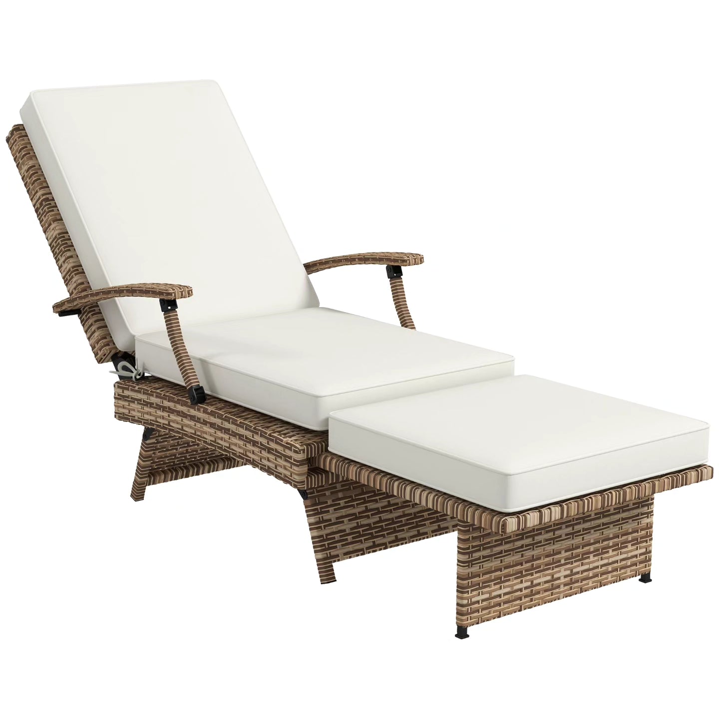 Outdoor Wicker Foldable Recliner Chair with Retractable Footrest, Cushion, White