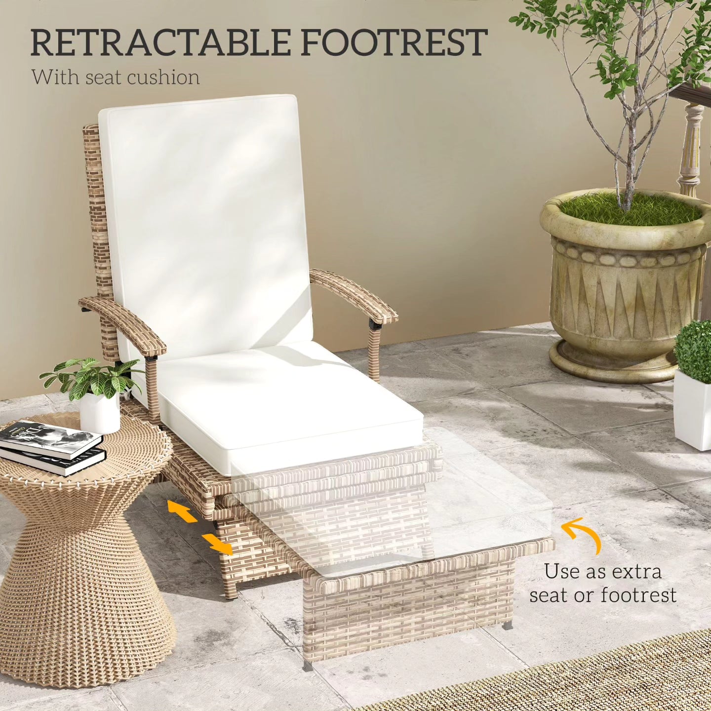 Outdoor Wicker Foldable Recliner Chair with Retractable Footrest, Cushion, White