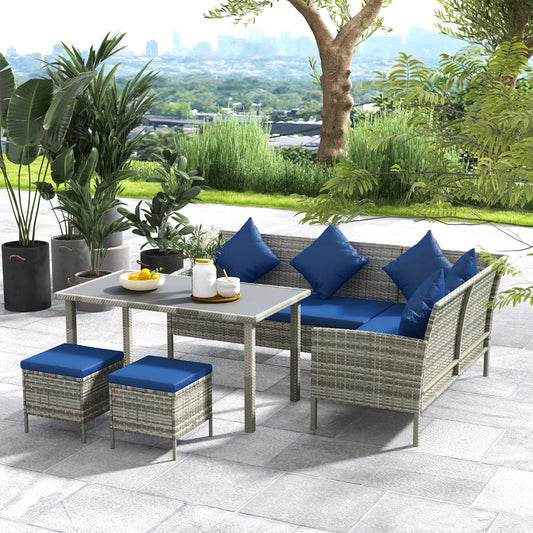 5 Pieces Wicker Patio Conversation Dining Furniture Set with Cushions, Table and Ottomans, Navy Blue