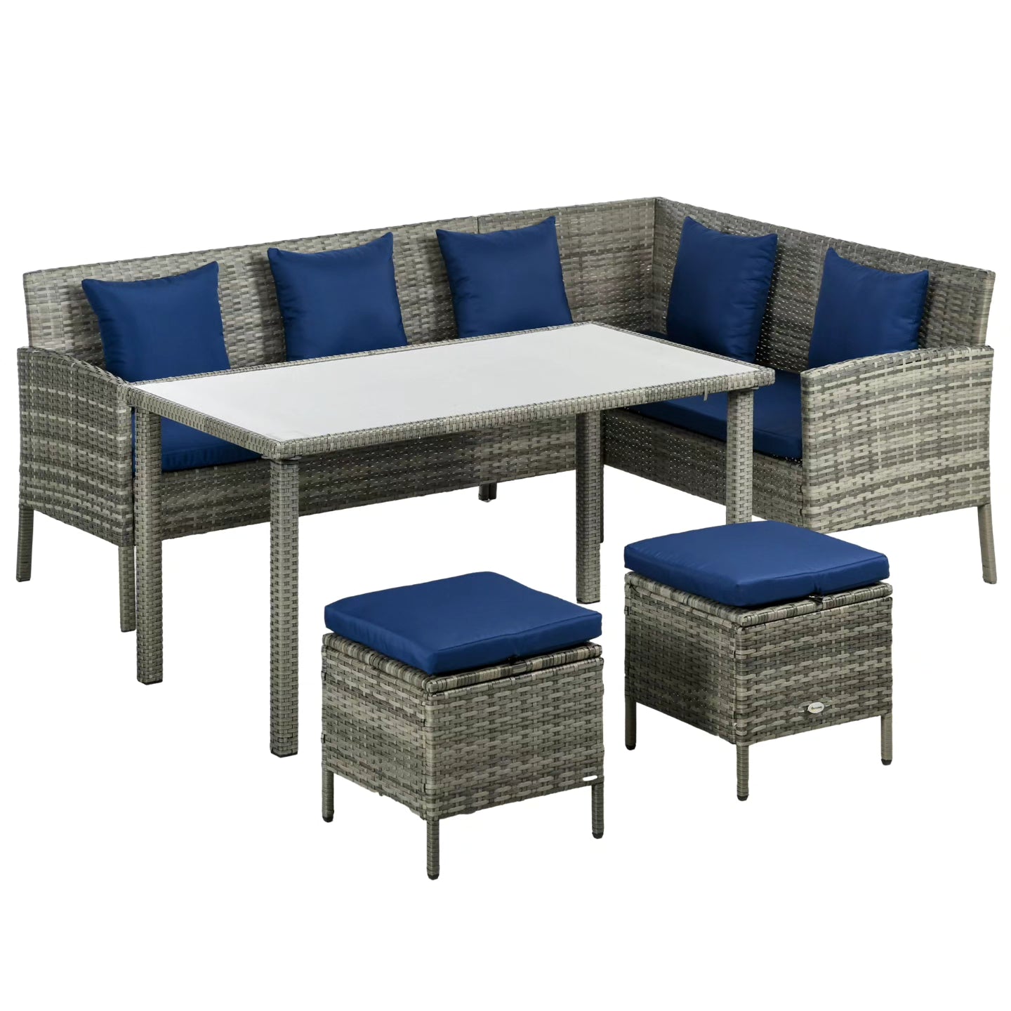 5 Pieces Wicker Patio Conversation Dining Furniture Set with Cushions, Table and Ottomans, Navy Blue