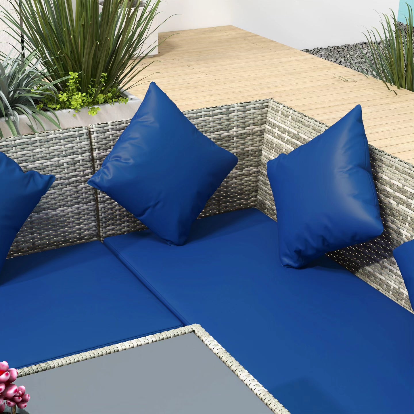 5 Pieces Wicker Patio Conversation Dining Furniture Set with Cushions, Table and Ottomans, Navy Blue