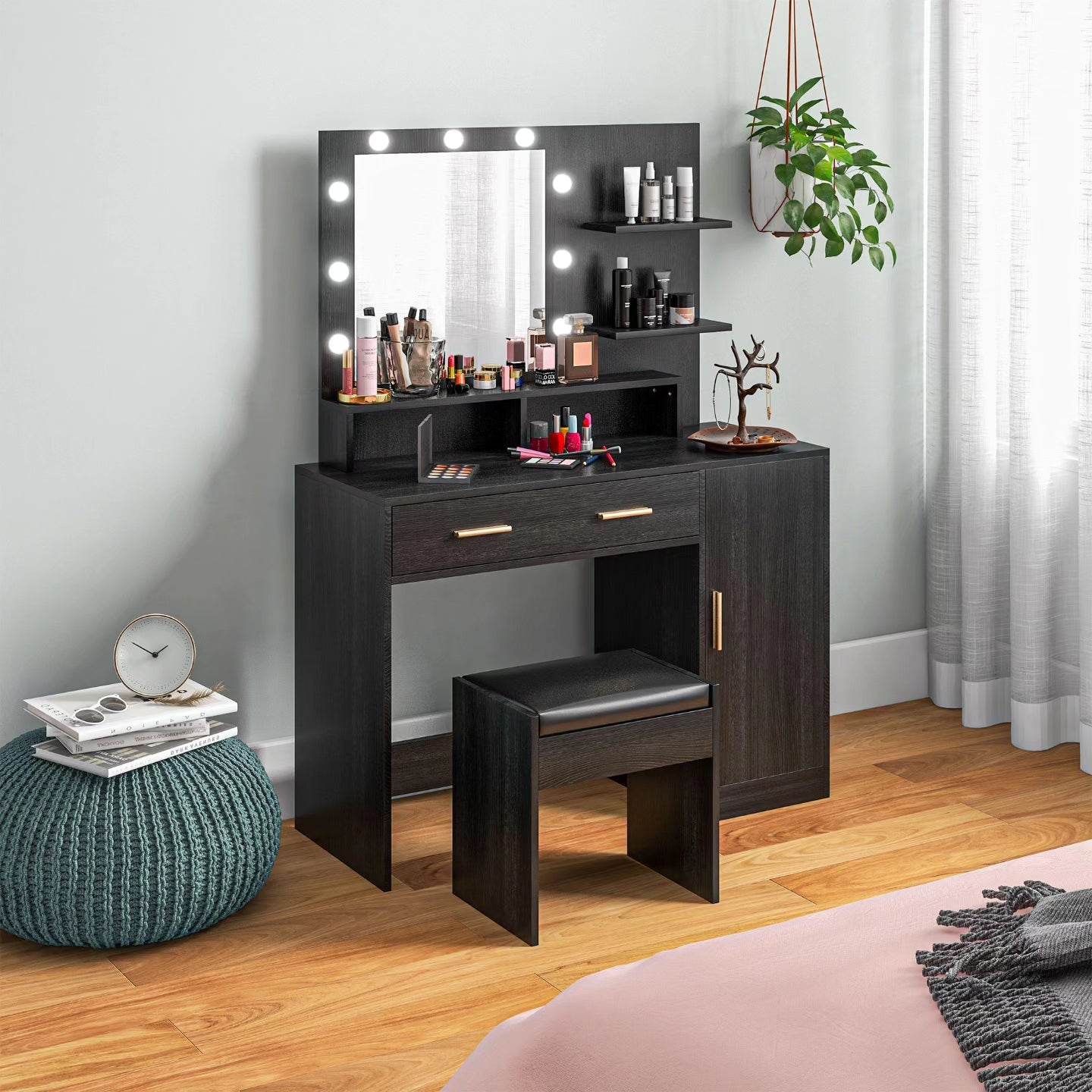 Illuminated Dressing Table Set, LED Vanity Table Set with Stool, LED Mirror, Drawer and Cabinet Shelves for Bedroom