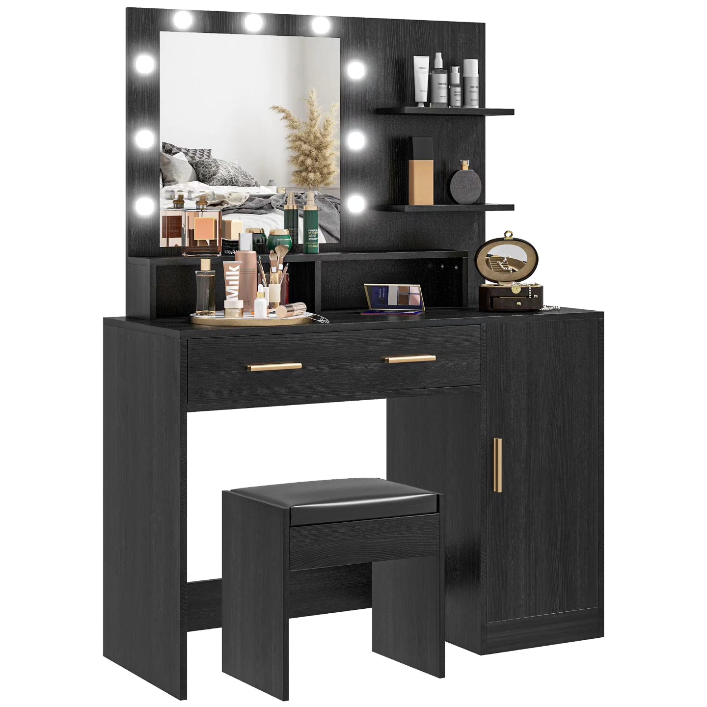 Illuminated Dressing Table Set, LED Vanity Table Set with Stool, LED Mirror, Drawer and Cabinet Shelves for Bedroom