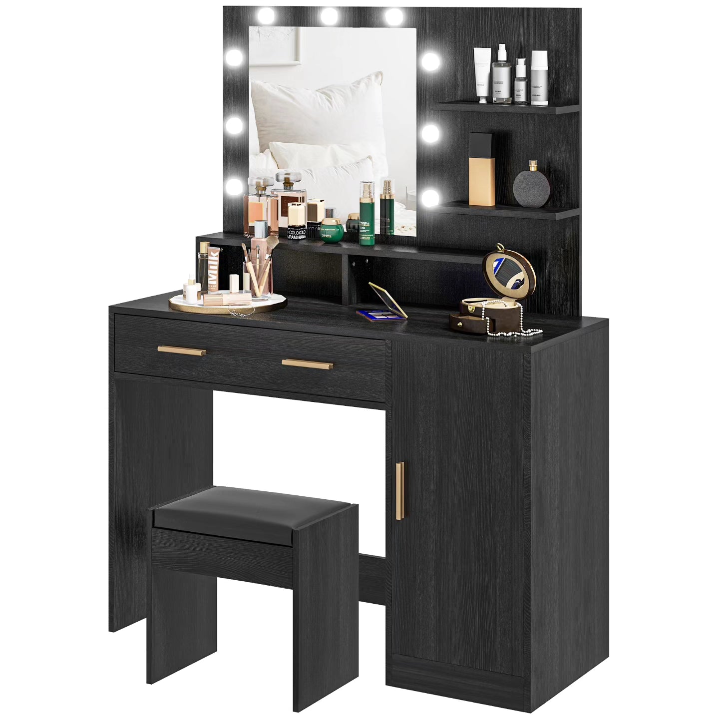 Illuminated Dressing Table Set, LED Vanity Table Set with Stool, LED Mirror, Drawer and Cabinet Shelves for Bedroom