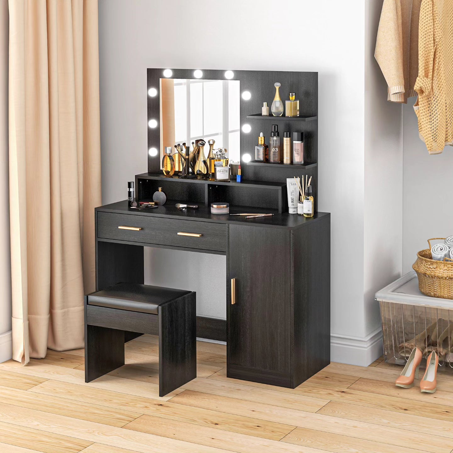 Illuminated Dressing Table Set, LED Vanity Table Set with Stool, LED Mirror, Drawer and Cabinet Shelves for Bedroom