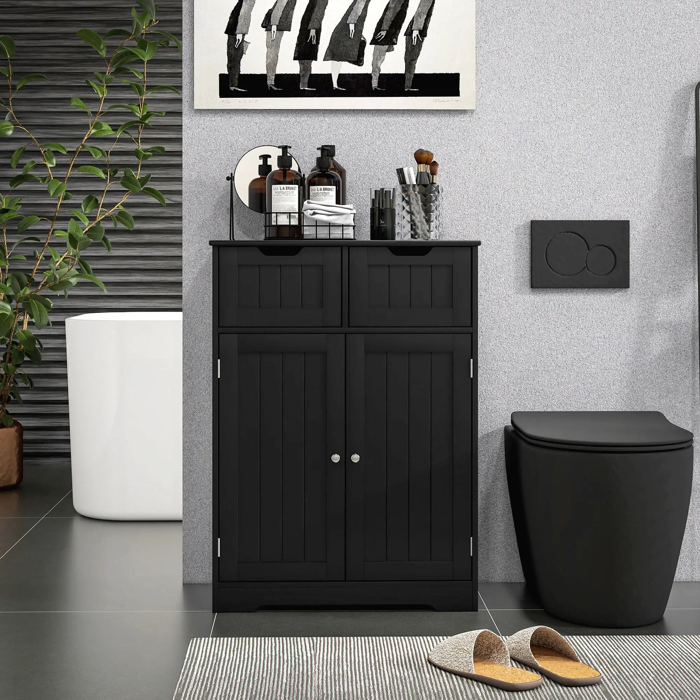 Entryway or  Bathroom Storage Cabinet with 2 Drawers, Adjustable Shelf in Black