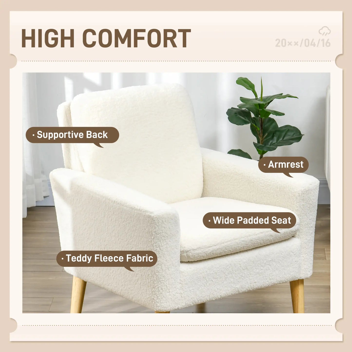 Fabric Accent Chair, Modern Upholstered with Wood Legs and Wide Padded Seat, in Cream White