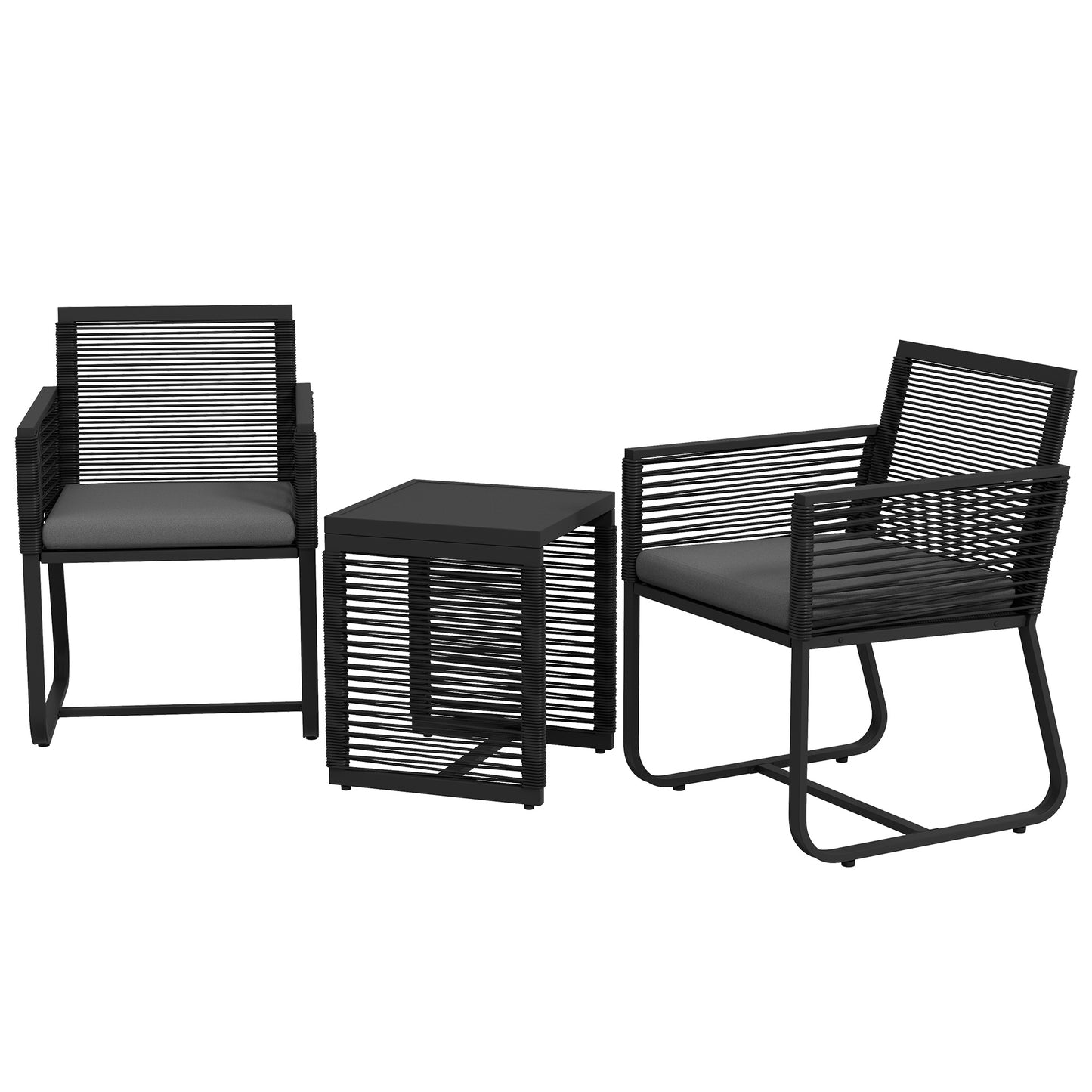 3 Pieces Patio Furniture Outdoor PE Rattan Bistro Set w/ Seat Cushions Tempered Glass Table for Garden Backyard, Black