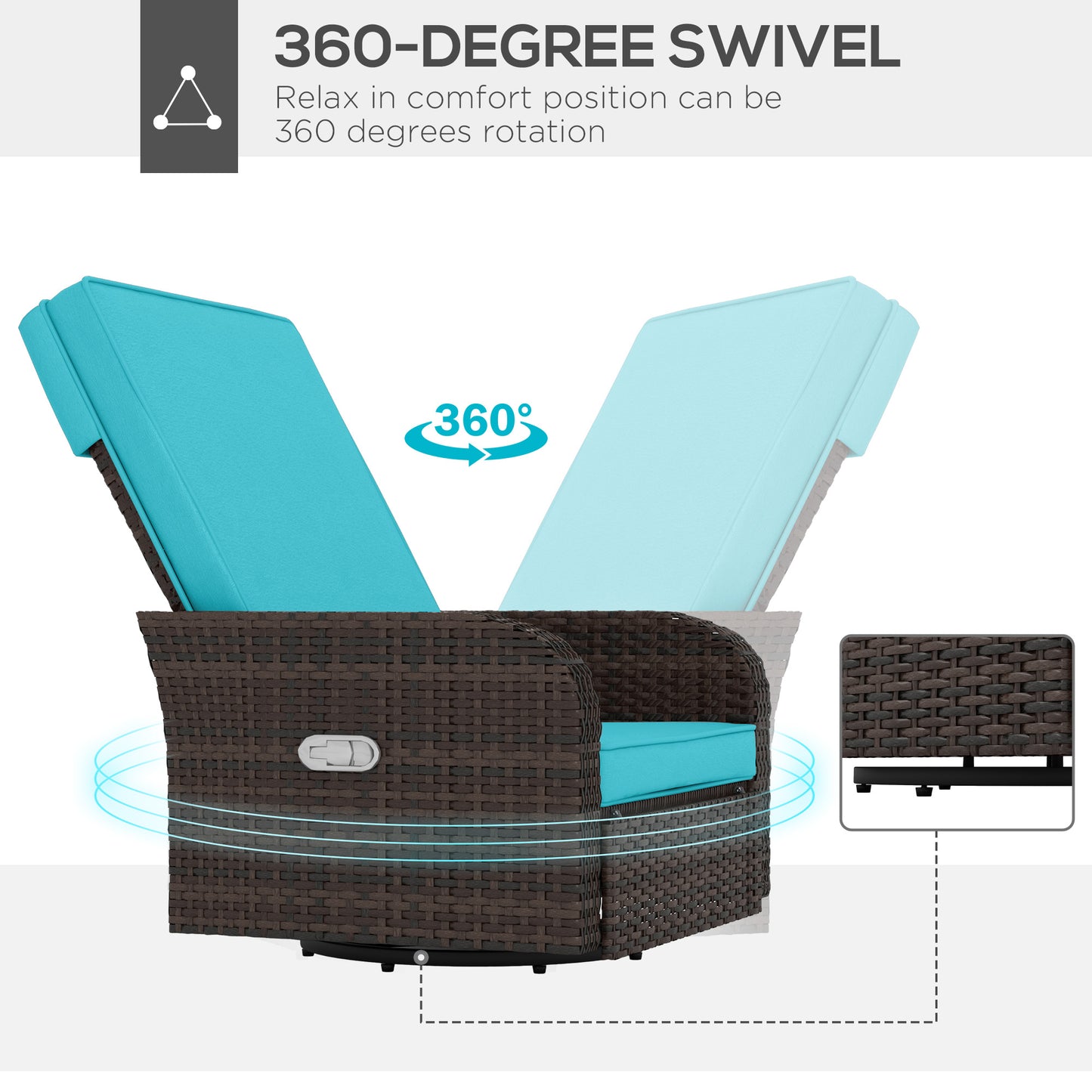 Outsunny Wicker Swivel Chair w/ Cushion, Patio Recliner Chair, Turquoise