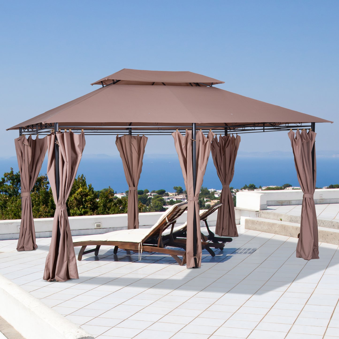 13'L x 10'W x 9.2'H Patio Gazebo Outdoor 2-Tiers Garden Canopy Yard Sunshade Shelter with Curtains Khaki