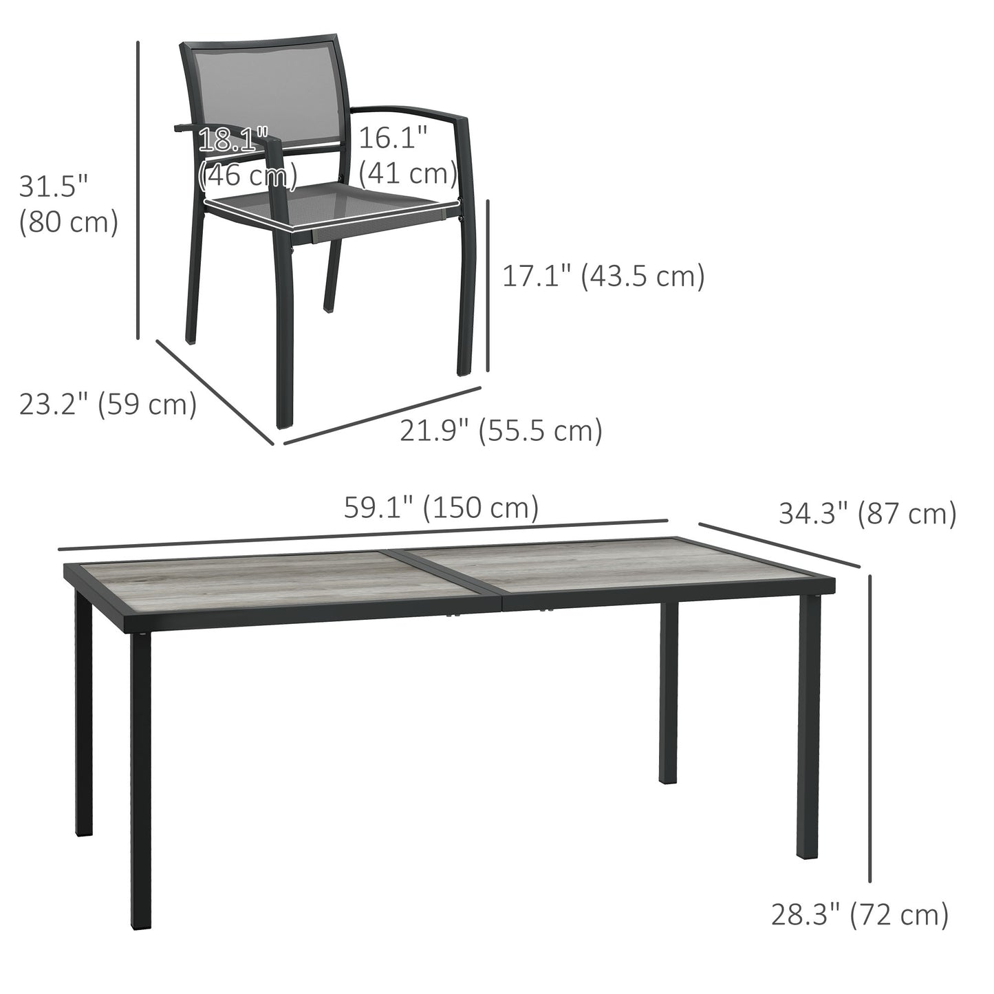 7 Pieces Outdoor Dining Set with 6 Stackable Chairs, Patio Table and Chairs with Plastic Top, Breathable Mesh Seat Back