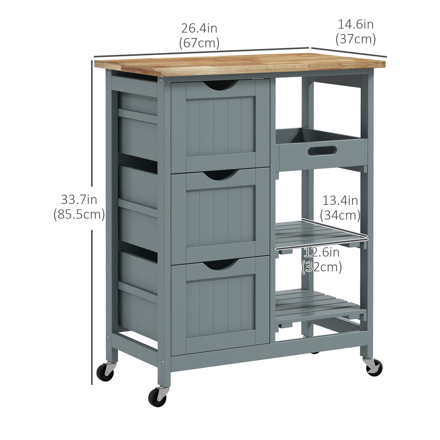 Rolling Kitchen Island Cart with Wood Top, 3 Drawers and Shelves