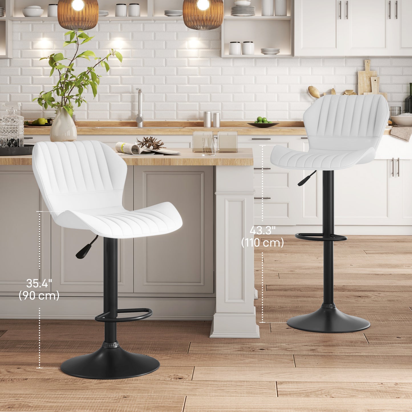 Shell Back Bar Stool Set of 2, PU Leather Adjustable Swivel Barstools with Chrome Base and Footrest for Kitchen Counter, Pub, White