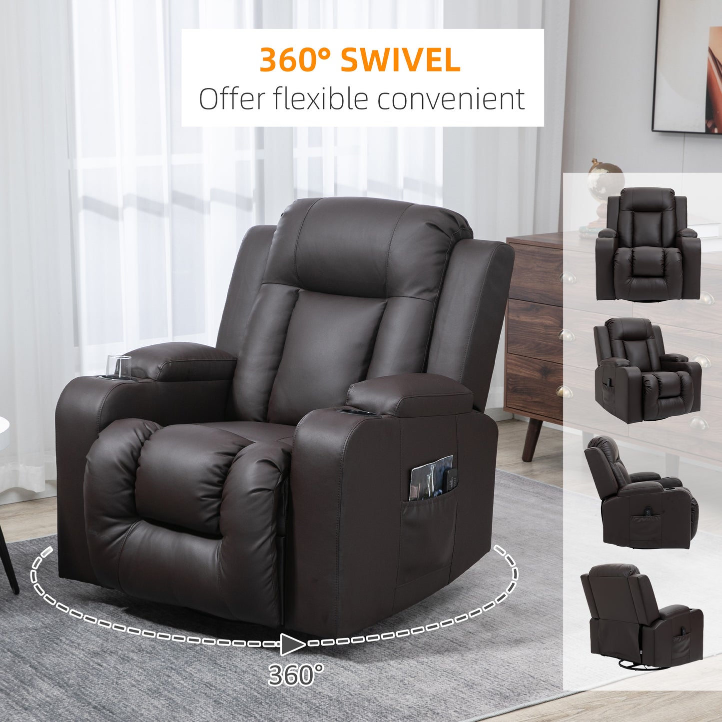 Massage Recliner Chair for Living Room with 8 Vibration Points, PU Leather Reclining Chair with Cup Holders, Swivel Base, Rocking Function, Brown